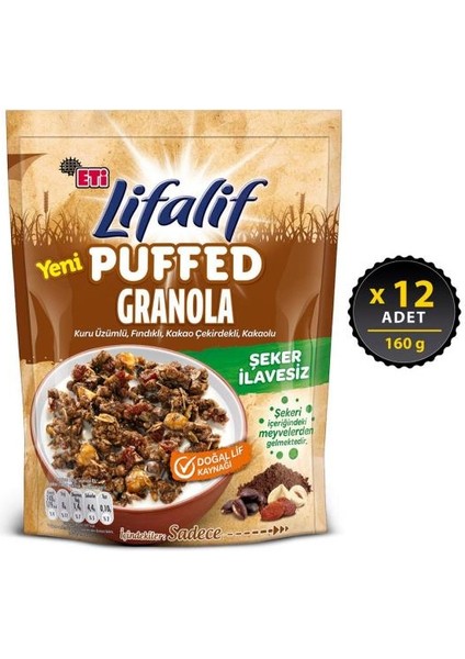 Lifalif Puffed Granola Kakao 160 G x 12 Adet