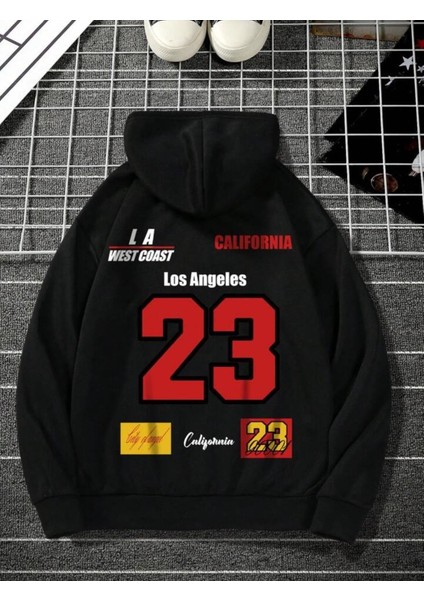 Los Angeles Baskılı Kapşonlu Siyah Sweatshirt