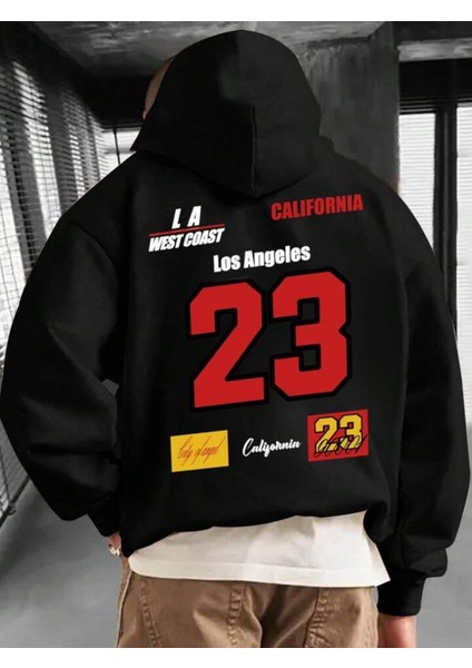 Los Angeles Baskılı Kapşonlu Siyah Sweatshirt