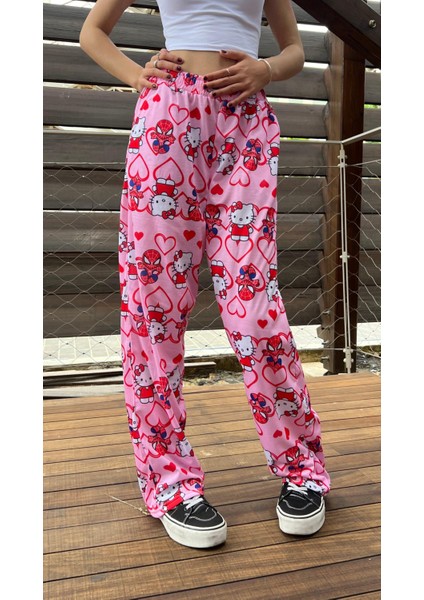 Hello Kitty & Spider-Man Detaylı Pembe Bol Eşofman Altı