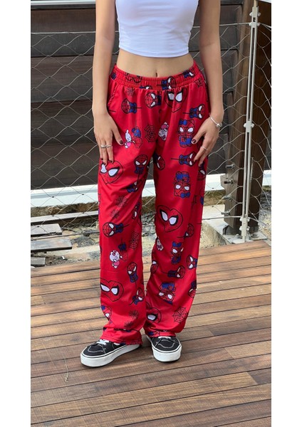 Touz Moda Hello Kitty & Spider-Man Detaylı Kırmızı Unisex Bol Eşofman Altı