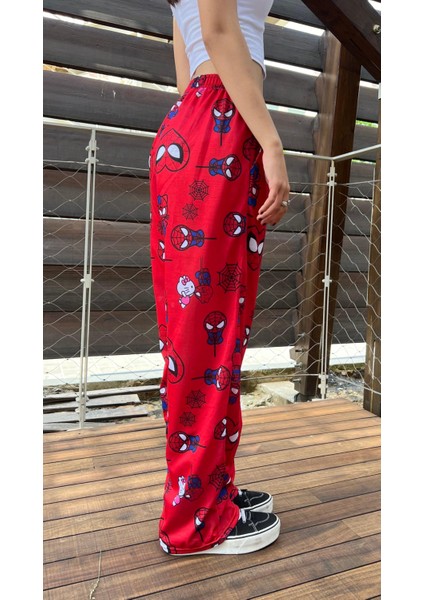 Touz Moda Hello Kitty & Spider-Man Detaylı Kırmızı Unisex Bol Eşofman Altı