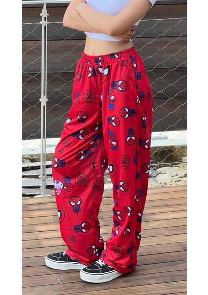 Touz Moda Hello Kitty & Spider-Man Detaylı Kırmızı Unisex Bol Eşofman Altı