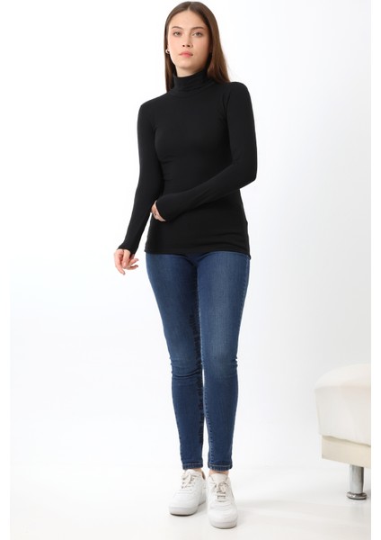 Balıkçı Yaka Kompakt Likralı Uzun Kol Bluz 19833 Siyah