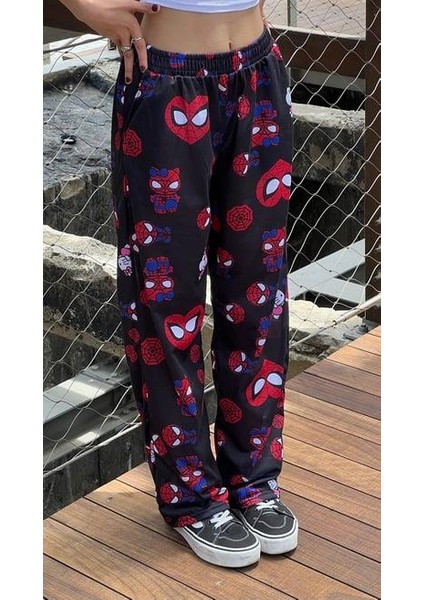 Hello Kitty & Spider-Man Detaylı Siyah Unisex Bol Eşofman Altı