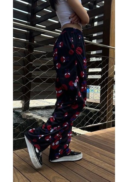 Hello Kitty & Spider-Man Detaylı Siyah Unisex Bol Eşofman Altı