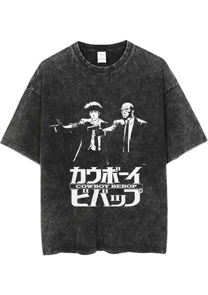 Yıkamalı Anime Cowboy Bebop Baskılı Oversize Vintage T-Shirt