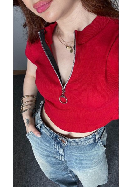 Zip Detay Fitilli Crop Bluz