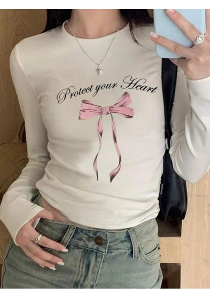 Uzun Kol Ribbon Baskılı Bluz Body