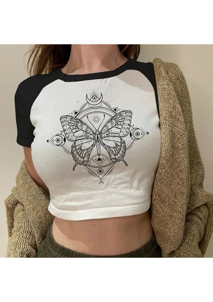 Gothic Butterfly Reglan Kol Beyaz Crop