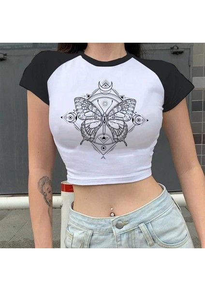 Gothic Butterfly Reglan Kol Beyaz Crop fiyatları