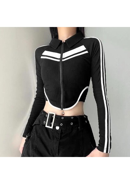 Y2K Moto Biker Şeritli Uzun Kol Baskılı Crop Bluz fırsatları