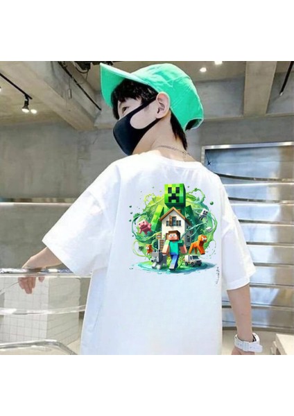 Pixel Minecraft Beyaz Kids Baskılı T-Shirt
