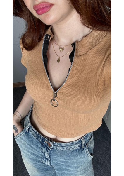 Zip Detay Fitilli Crop Bluz