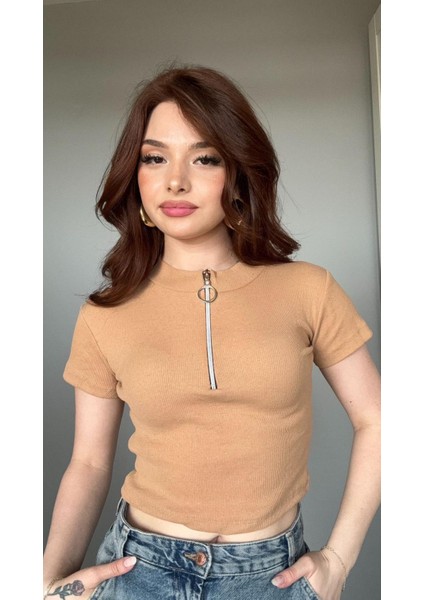 Zip Detay Fitilli Crop Bluz
