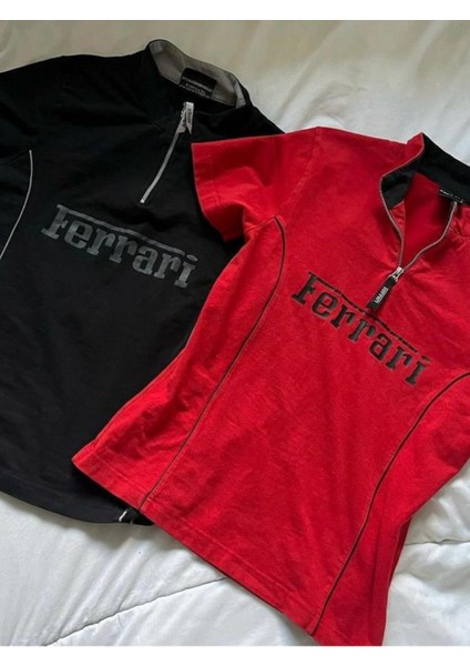 Car Detail Red & Black Baskılı Fermuarlı Crop Bluz fiyatları