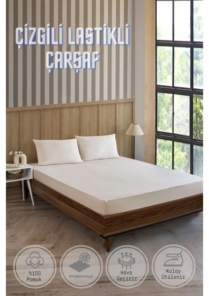Pamuklu Çizgili Saten Çift Kişilik Lastikli Çarşaf Seti 160X200 cm 2 Adet Yastık Kılıfı 50X70 cm Vanilya