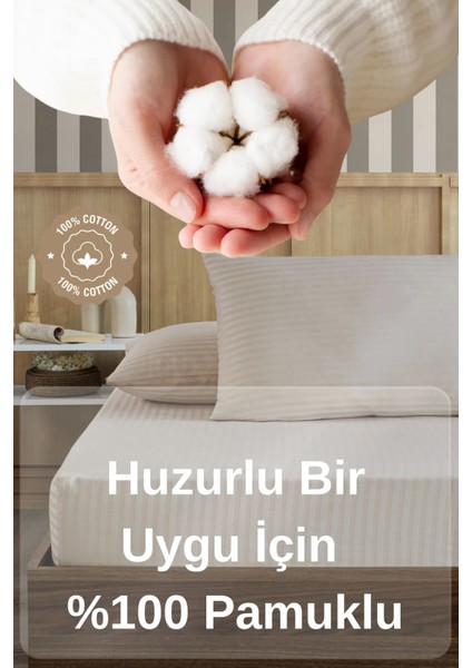 Pamuklu Çizgili Saten Çift Kişilik Lastikli Çarşaf Seti 160X200 cm 2 Adet Yastık Kılıfı 50X70 cm Vanilya fiyatları