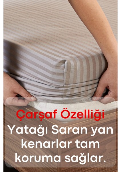 Pamuklu Çizgili Saten Çift Kişilik Lastikli Çarşaf Seti 160X200 cm 2 Adet Yastık Kılıfı 50X70 cm Vanilya fırsatları