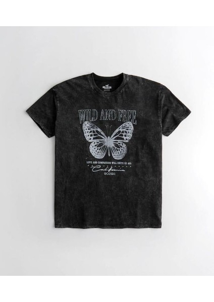 Yıkamalı Butterfly Baskılı Oversize Vintage T-Shirt