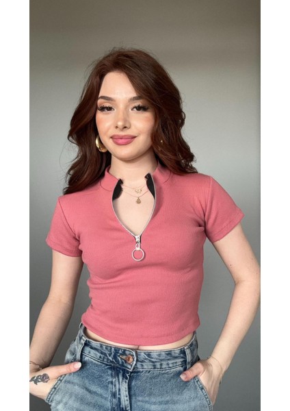 Zip Detay Fitilli Crop Bluz modelleri