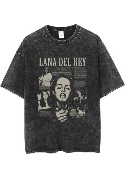 Yıkamalı Lana Del Rey Baskılı Oversize Vintage T-Shirt
