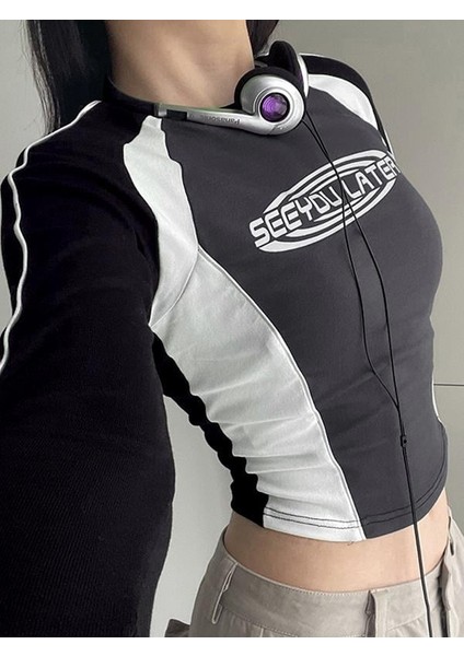 See You Later Şeritli Uzun Kol Baskılı Crop Bluz