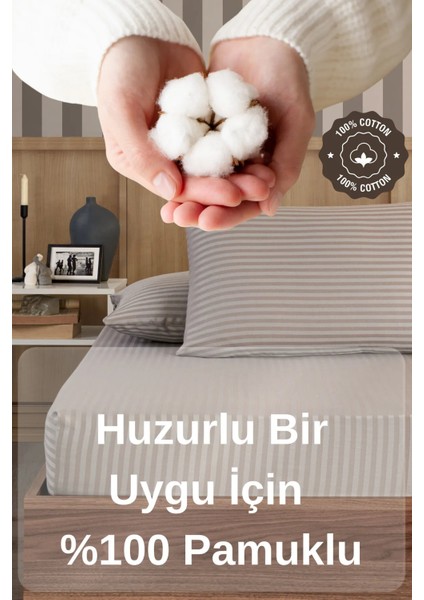 Pamuklu Saten Çizgili Çift Kişilik Lastikli Çarşaf Seti 160X200 cm 2 Adet Yastık Kılıfı 50X70 cm Kahverengi fiyatları