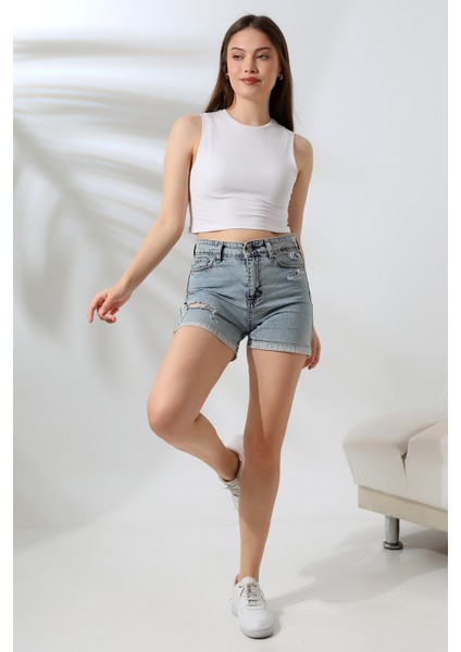 Kolsuz Kompakt Penye Geniş Esnek Crop Atlet 21755 Beyaz