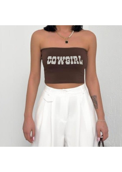 Cowgirl Baskılı Likralı Pamuklu Penye Straplez