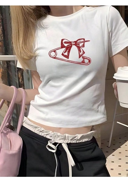 Kemer Boy Ataç Kurdele Baskılı Crop Bluz