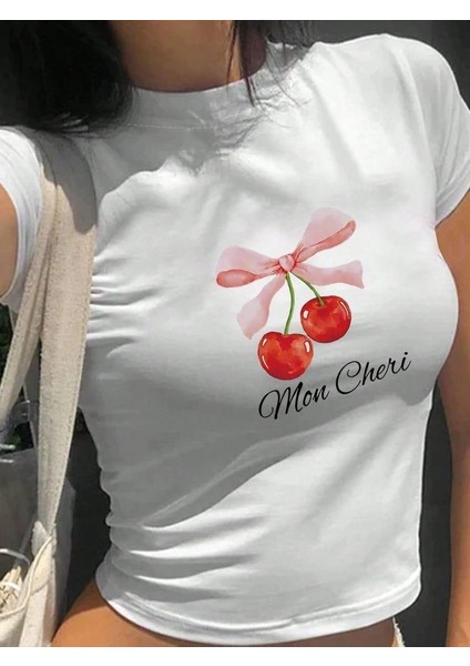 Kemer Boy Cherry Kurdele Baskılı Crop Bluz