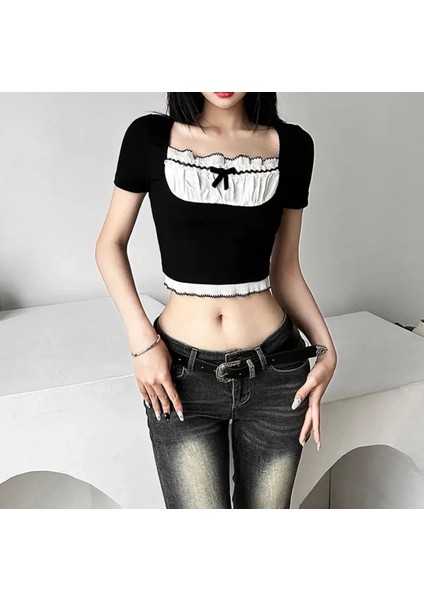 Y2K Streetwear Büzgülü Yaka Retro Crop