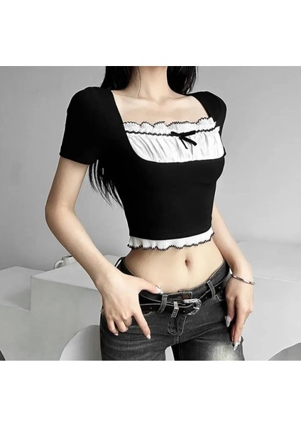 Y2K Streetwear Büzgülü Yaka Retro Crop fiyatları