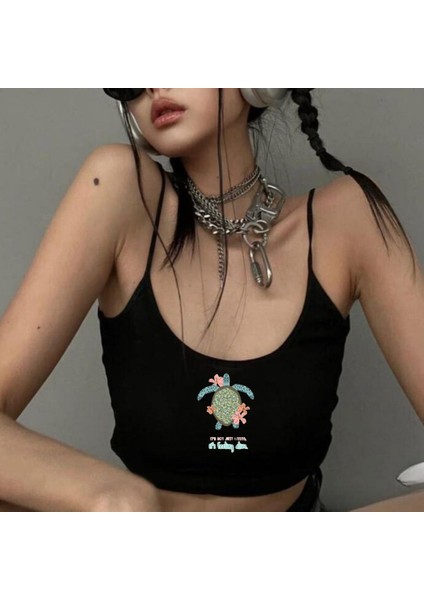 Siyah Caretta Caretta Baskılı Kadın Ip Askılı Büstiyer Crop