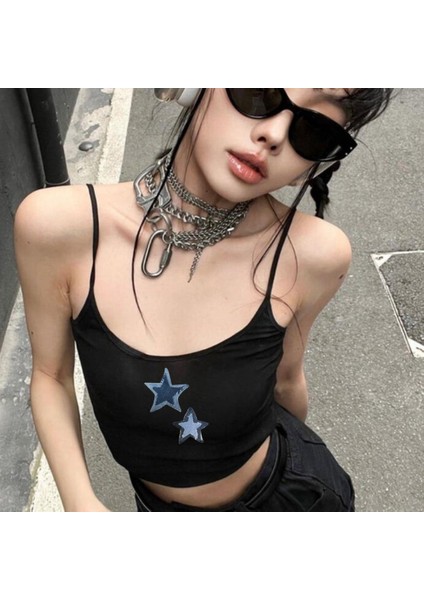 Siyah Denim Renk Star Baskılı Kadın Ip Askılı Büstiyer Crop