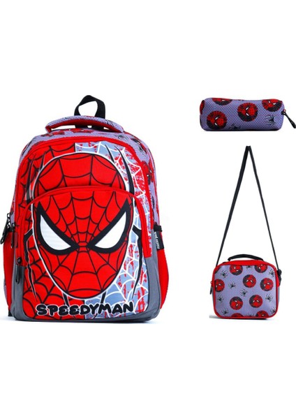 Örümcek Desen Gri Renk Erkek Çocuk Lüxs Ortopedik İlkokul Sırt Çantası Beslenme ve Kalemlikli