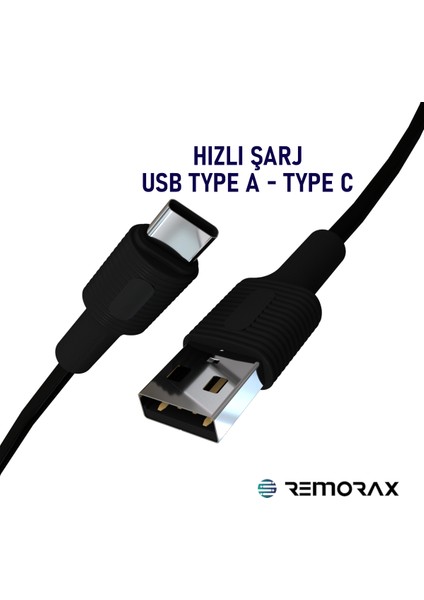 Basic USB Type A-C 100 Cm, 3.0A Hızlı Şarj Kablosu, Siyah Kablo, Siyah/siyah Uçlar