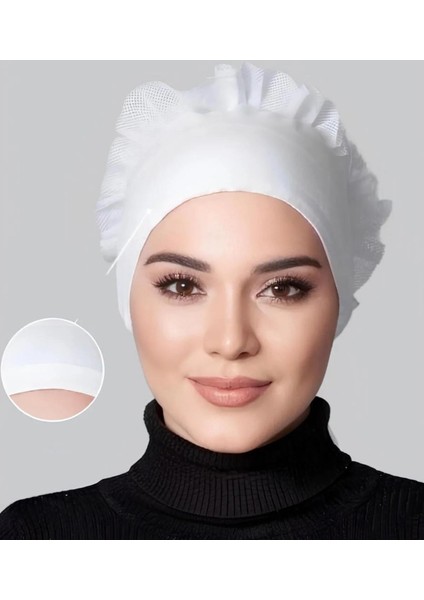 Dikişsiz Silikonlu Kaymaz Fırfırlı Bone Beyaz