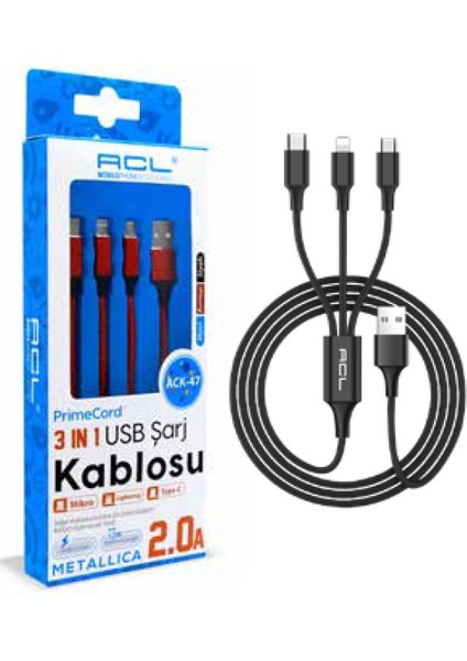 ACK47 Lightning / Micro / Type-C 3in1 Şarj ve Veri Kablosu