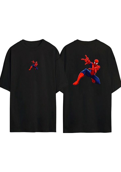 Unisex Spıderman Tasarım Baskılı Pamuk Sıyah Oversize T-Shirt