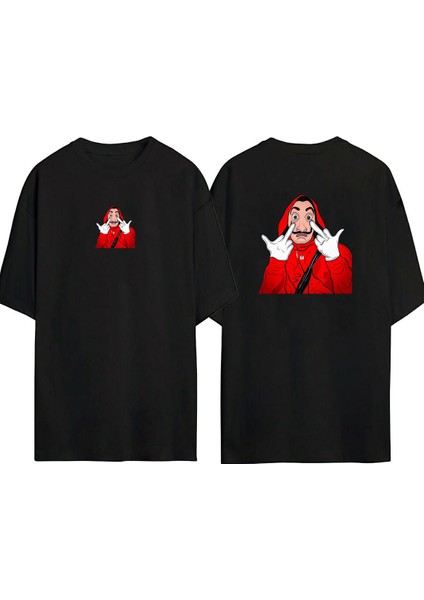 Unisex La Casa De Papel Tasarım Baskılı Pamuk Sıyah Oversize T-Shirt