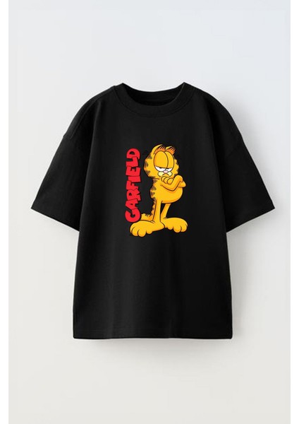 Unisex Garfield Tasarım Baskılı Pamuk Sıyah Oversize T-Shirt