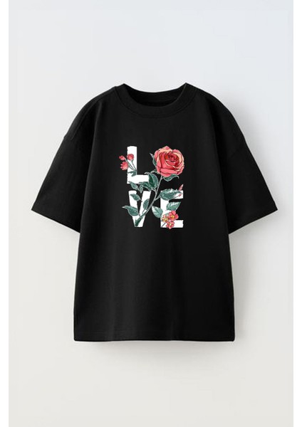 Unisex Love Gül Tasarım Baskılı Pamuk Sıyah Oversize T-Shirt