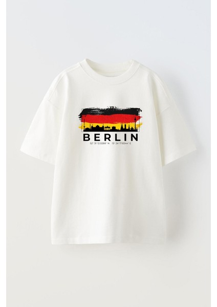 Unisex Berlin Tasarım Baskılı Pamuk Beyaz Oversize T-Shirt