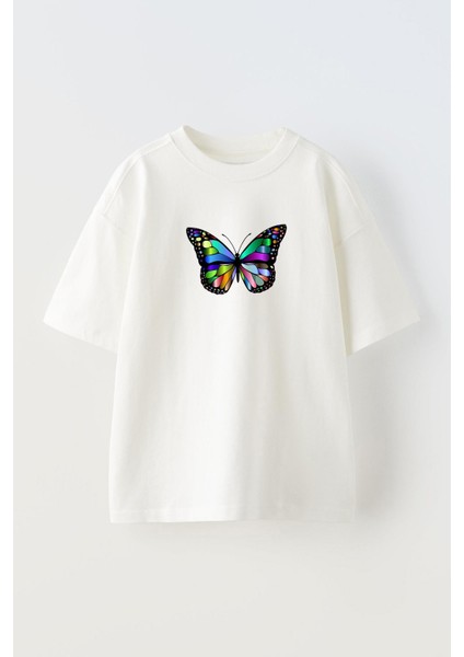 Unisex Renkli Kelebek Tasarım Baskılı Pamuk Beyaz Oversize T-Shirt