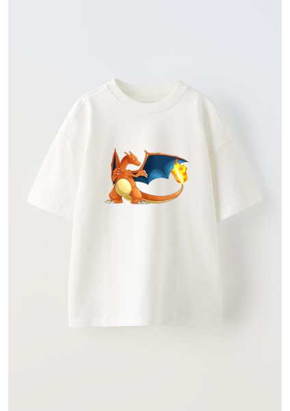 Unisex Charizard Tasarım Baskılı Pamuk Beyaz Oversize T-Shirt