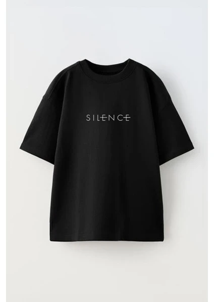 Unisex Sılence Tasarım Baskılı Pamuk Sıyah Oversize T-Shirt