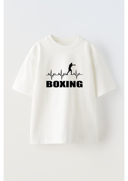 Unisex Boxing Tasarım Baskılı Pamuk Beyaz Oversize T-Shirt