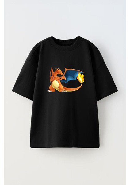 Unisex Charizard Tasarım Baskılı Pamuk Sıyah Oversize T-Shirt